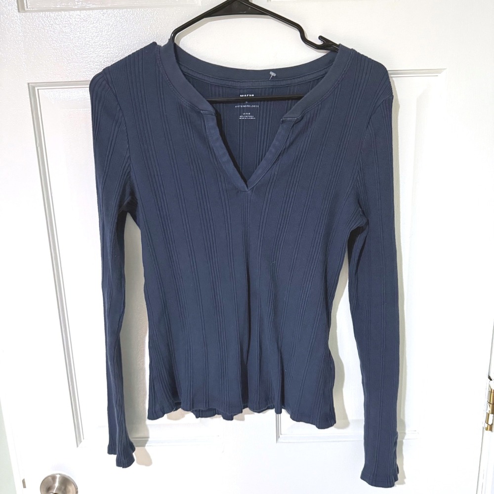 Maeve by Anthropologie Navy Blue Ribbed Split Neck Long Sleeve Top Large